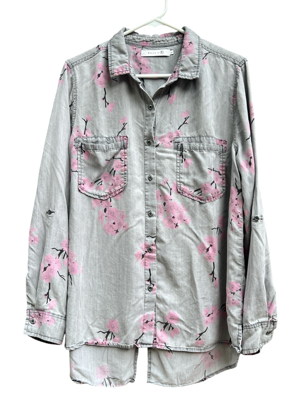 Billy T Light Gray Floral Button-Up Shirt - Pink Blossom Print Size Large